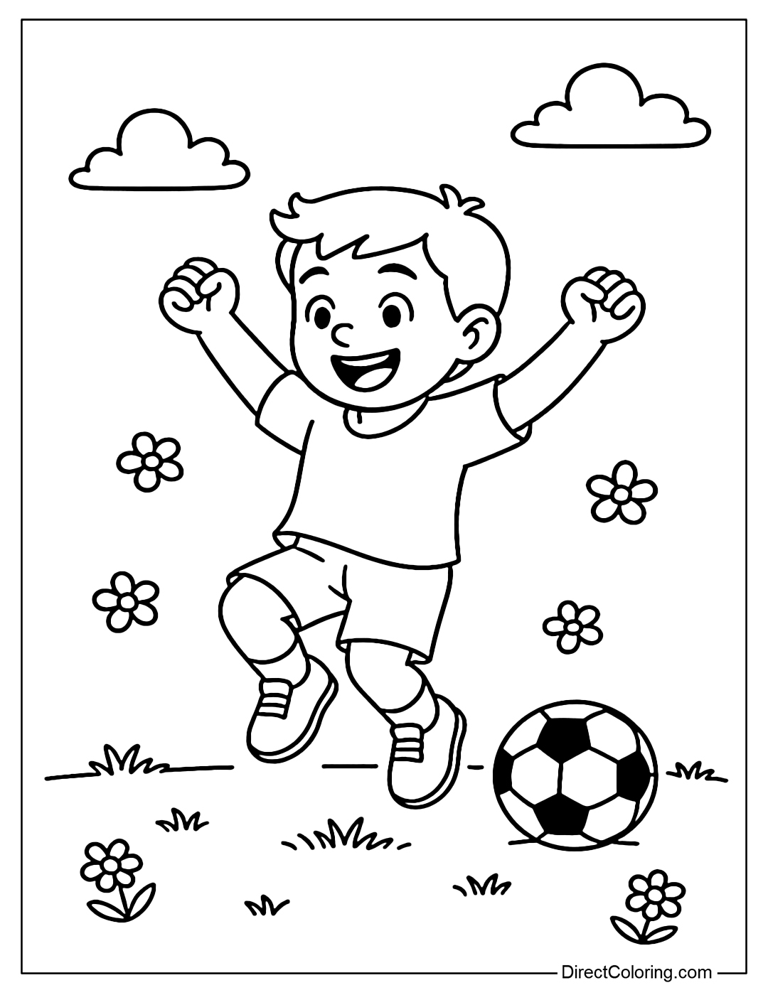 Coloring page of a child dancing to celebrate after scoring a goal, with a ball and flowers around.